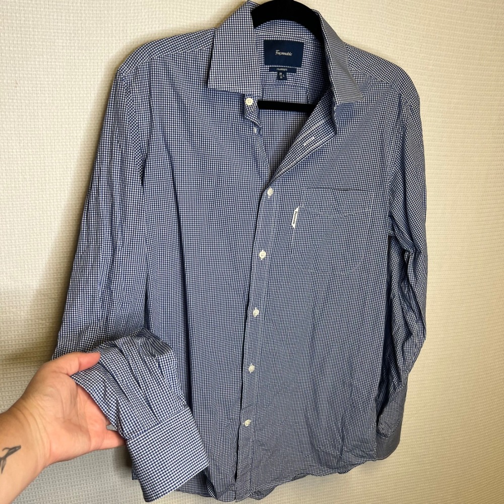 Faconnable Classique Mens Blue White Gingham Cotton Button Shirt Large 15 38